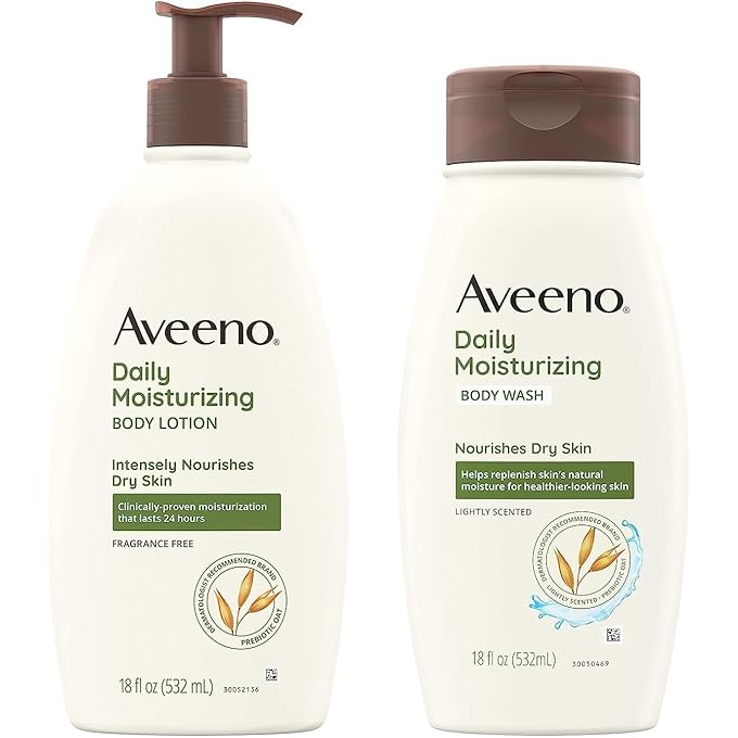 Aveeno Daily Moisturizing Lotion & Wash Regimen Pack, Nourishing Daily Moisturizing Body Lotion for Dry Skin, 18 oz, & Hydrating Body Wash with Soothing Prebiotic Oat, 18 oz, 2 Items - Image 1